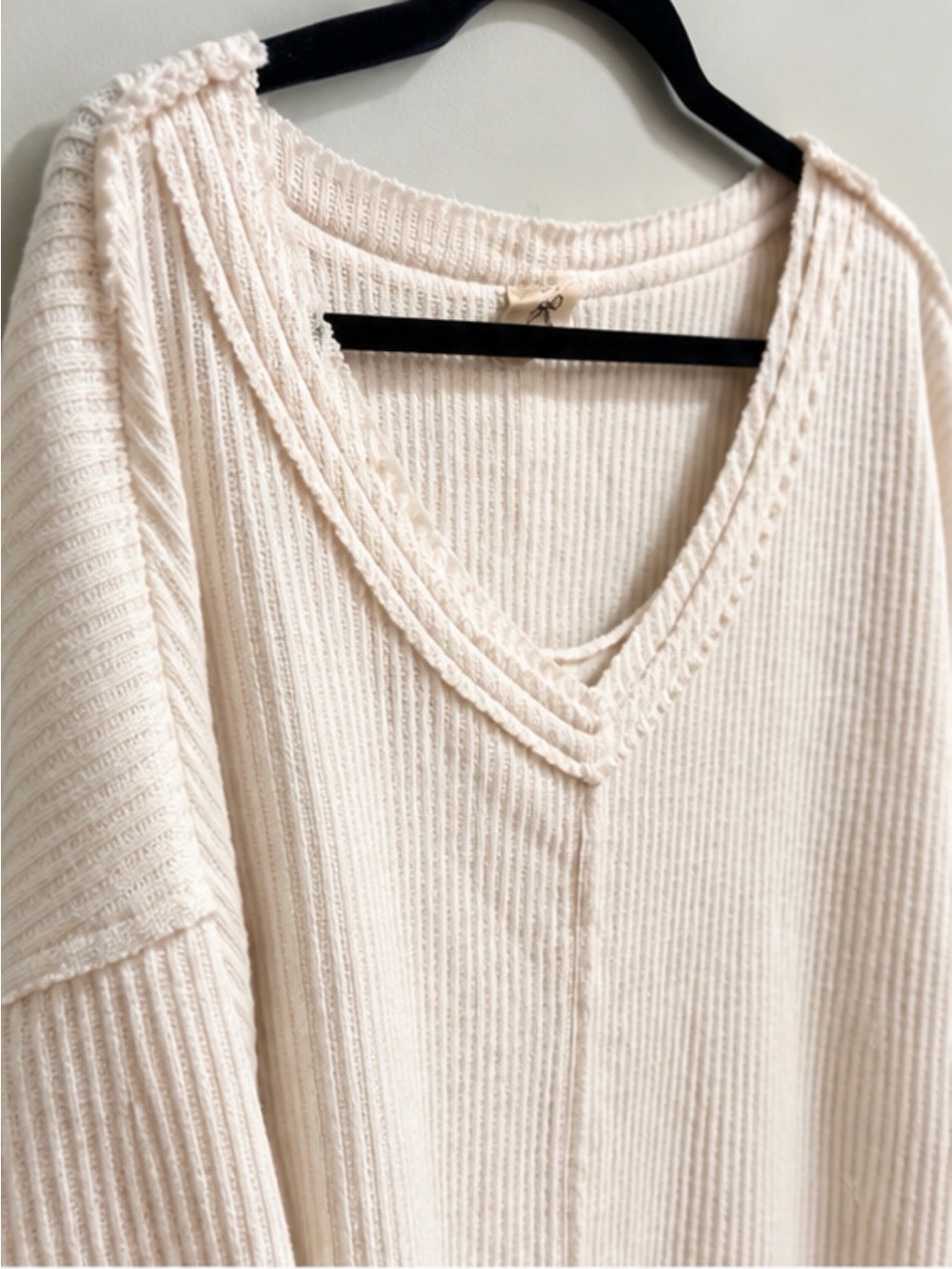 POL Cream Ribbed V-Neck Sweater